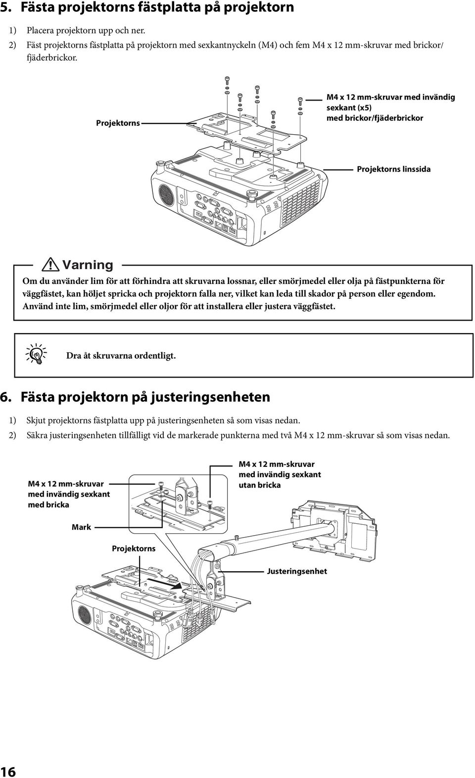 Projektorns M4 x 12 mm-skruvar med invändig sexkant (x5) med brickor/fjäderbrickor Projektorns linssida Varning Om du använder lim för att förhindra att skruvarna lossnar eller smörjmedel eller olja