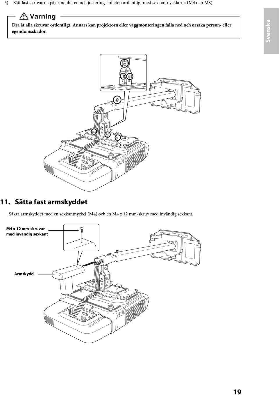 Annars kan projektorn eller väggmonteringen falla ned och orsaka person- eller egendomsskador.