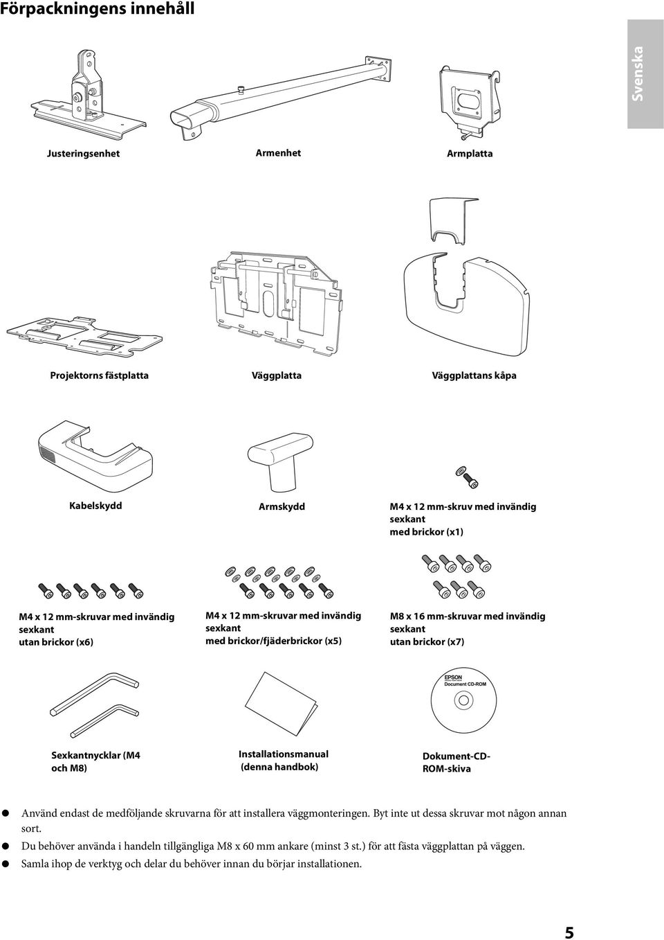 Sexkantnycklar (M4 och M8) Installationsmanual (na handbok) Dokument-CD- ROM-skiva Använd endast de medföljande skruvarna för att installera väggmonteringen.