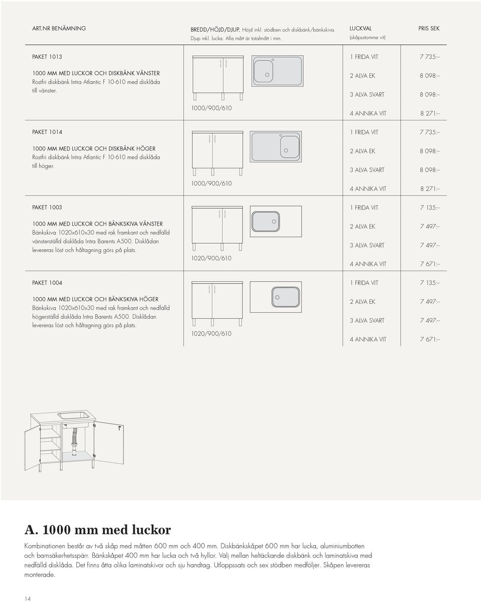 2 ALVA EK 8 098:-- 3 ALVA SVART 8 098:-- 1000/900/610 4 ANNIKA VIT 8 271:-- PAKET 1014 1 FRIDA VIT 7 735:-- 1000 mm med LUCKOR OCH DISKbÄNK HöGER Rostfri diskbänk Intra Atlantic F 10-610 med disklåda