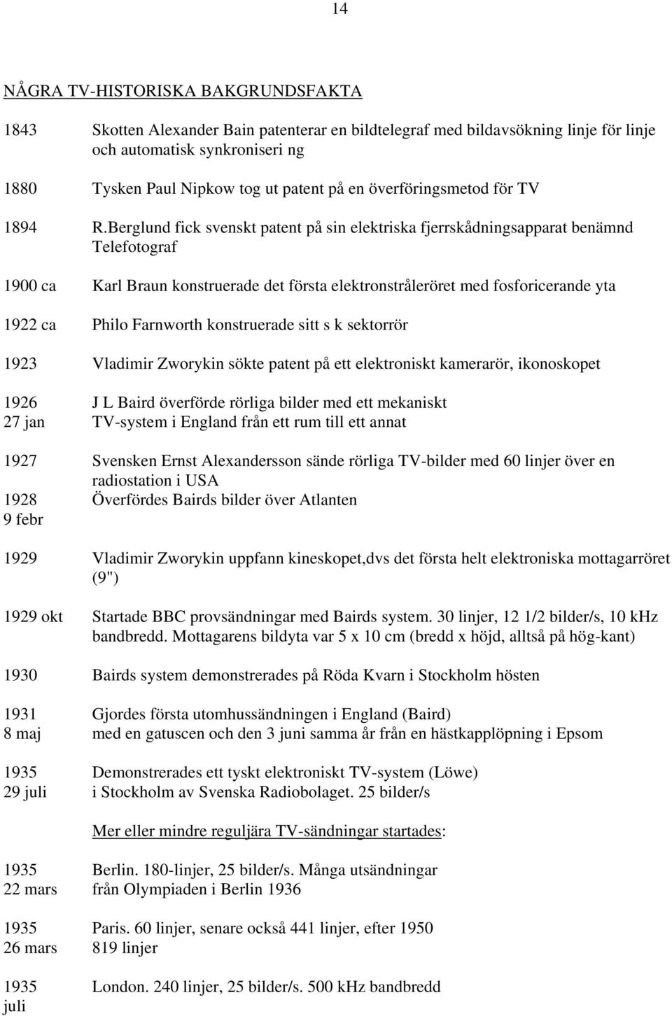 Berglund fick svenskt patent på sin elektriska fjerrskådningsapparat benämnd Telefotograf 1900 ca Karl Braun konstruerade det första elektronstråleröret med fosforicerande yta 1922 ca Philo Farnworth