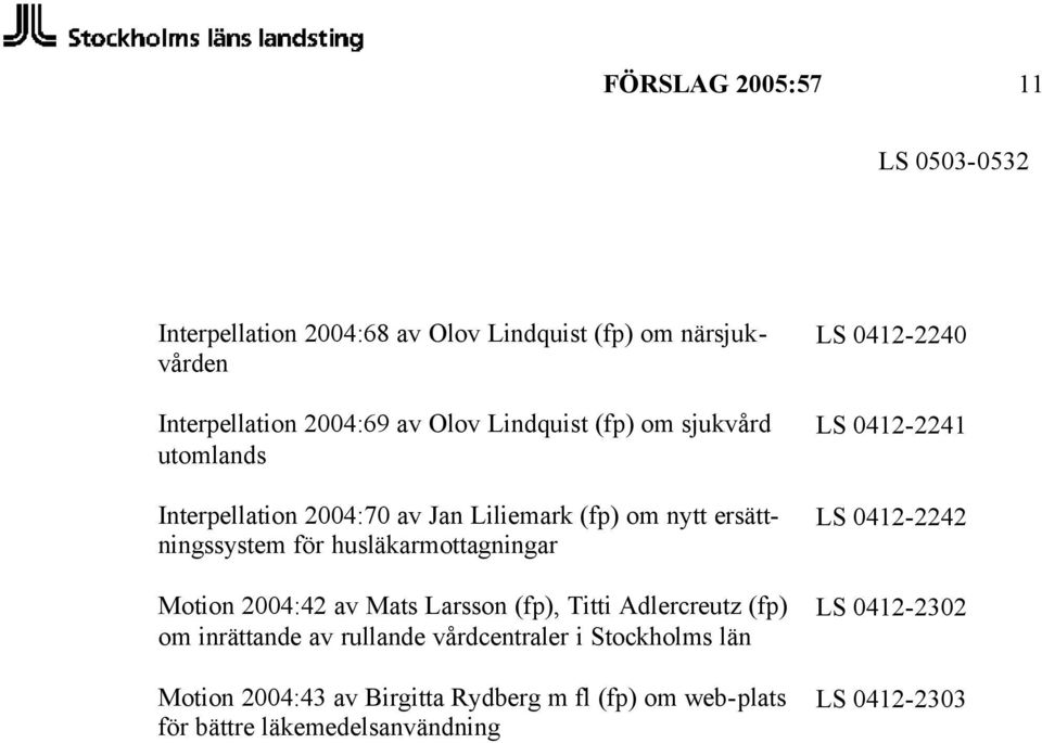 2004:42 av Mats Larsson (fp), Titti Adlercreutz (fp) om inrättande av rullande vårdcentraler i Stockholms län Motion 2004:43 av