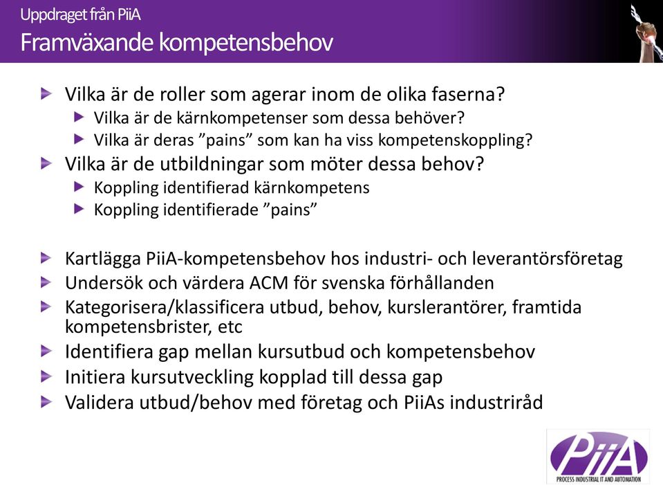 Koppling identifierad kärnkompetens Koppling identifierade pains Kartlägga PiiA-kompetensbehov hos industri- och leverantörsföretag Undersök och värdera ACM för svenska