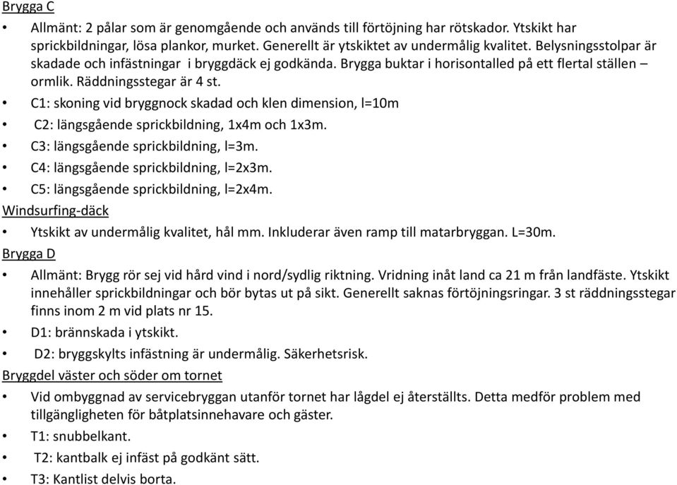C1: skoning vid bryggnock skadad och klen dimension, l=10m C2: längsgående sprickbildning, 1x4m och 1x3m. C3: längsgående sprickbildning, l=3m. C4: längsgående sprickbildning, l=2x3m.