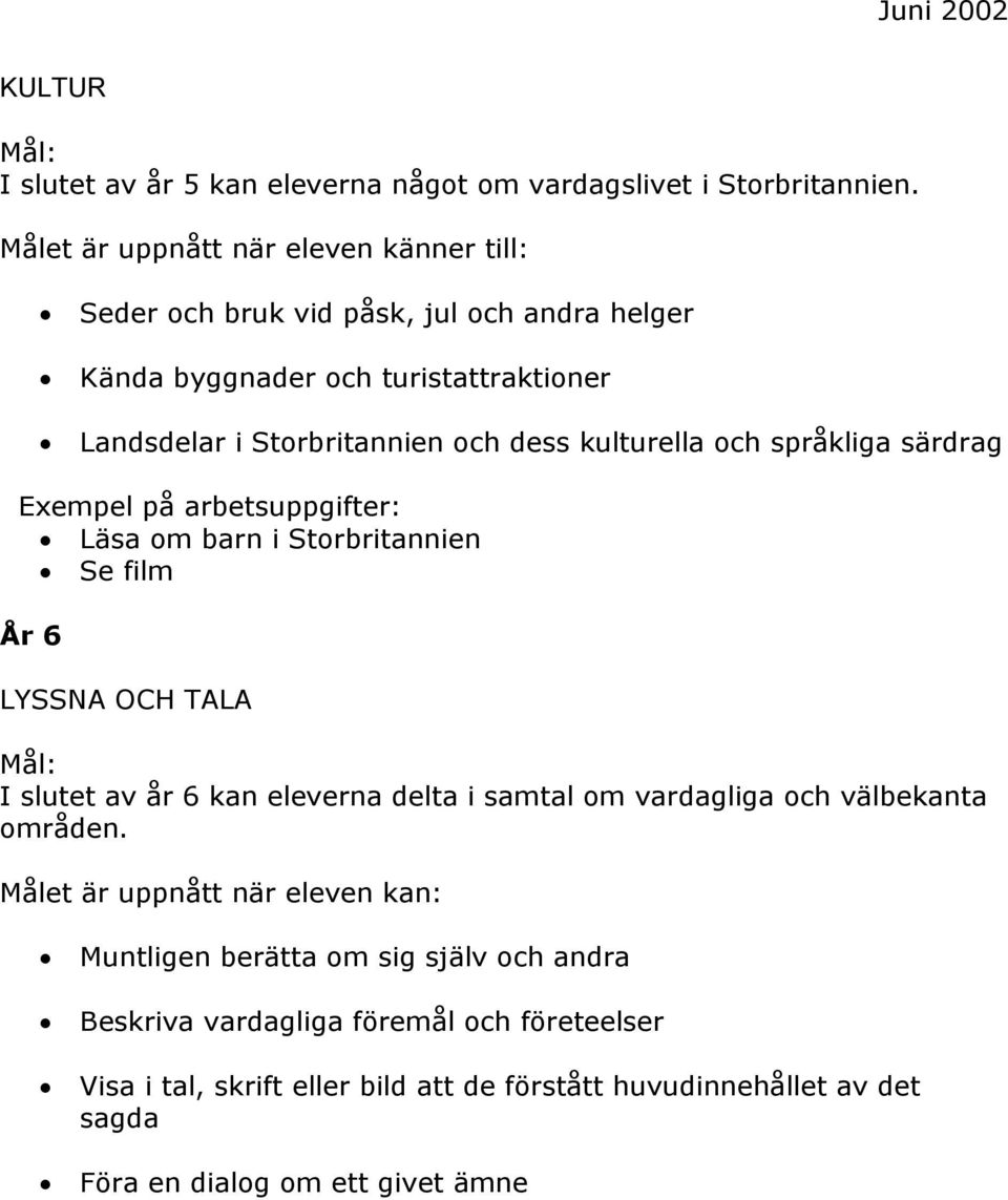 Storbritannien och dess kulturella och språkliga särdrag Läsa om barn i Storbritannien Se film År 6 LYSSNA OCH TALA I slutet av år 6 kan eleverna delta