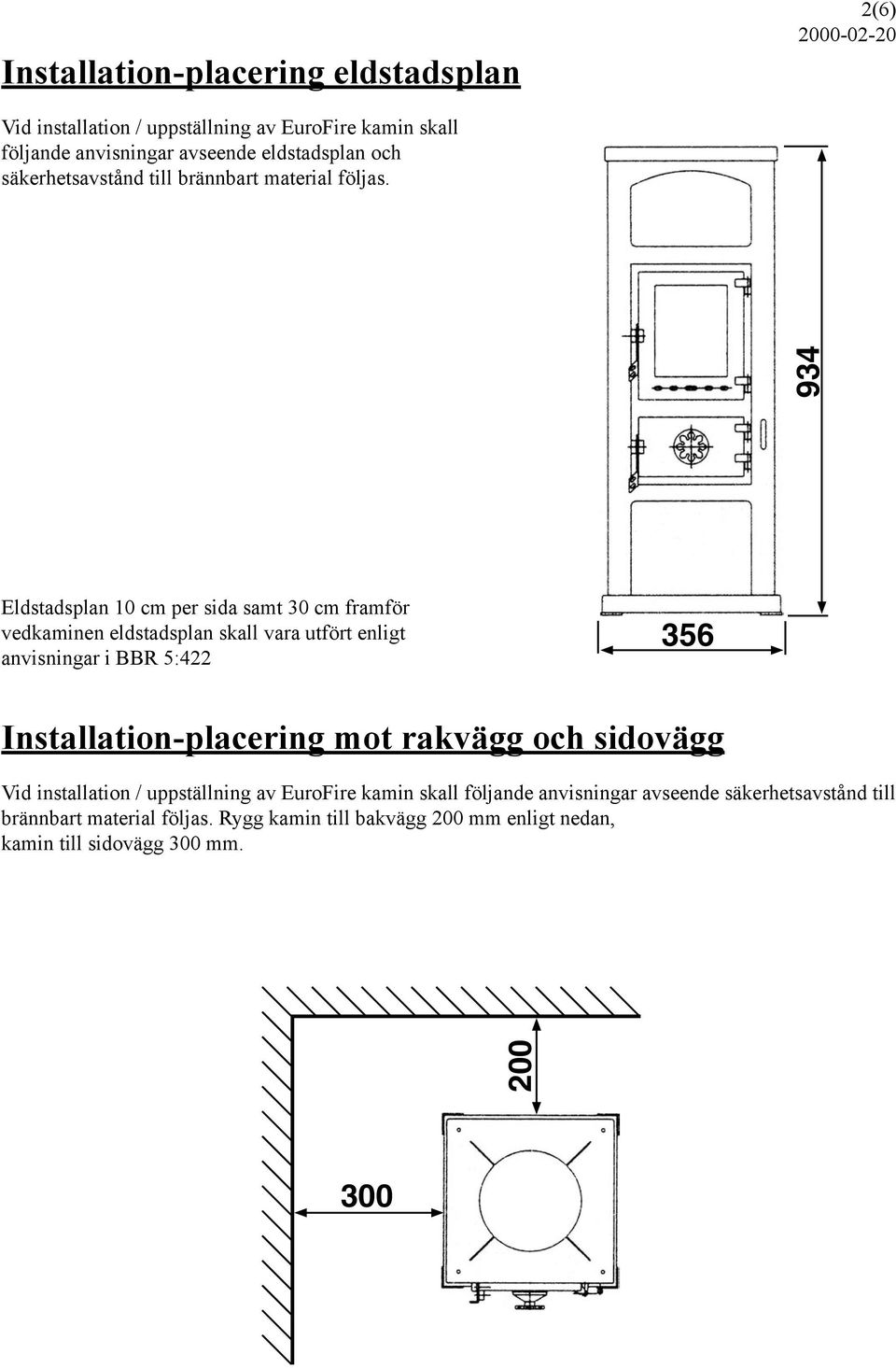 934 Eldstadsplan 10 cm per sida samt 30 cm framför vedkaminen eldstadsplan skall vara utfört enligt anvisningar i BBR 5:422