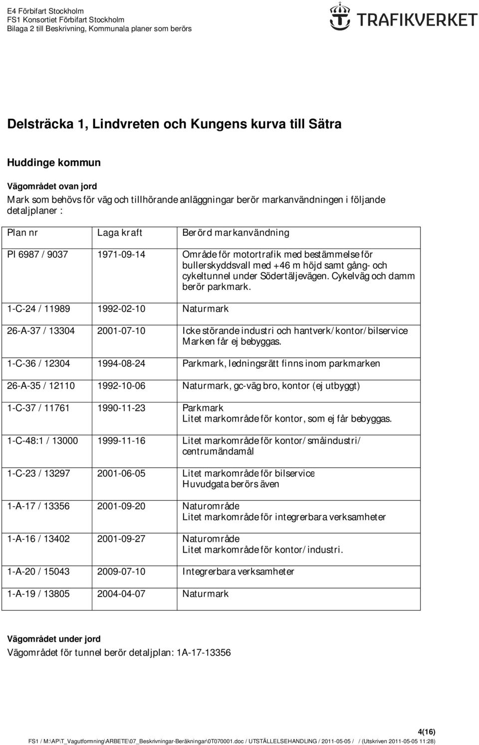 Cykelväg och damm berör parkmark. 1-C-24 / 11989 1992-02-10 Naturmark 26-A-37 / 13304 2001-07-10 Icke störande industri och hantverk/kontor/bilservice Marken får ej bebyggas.