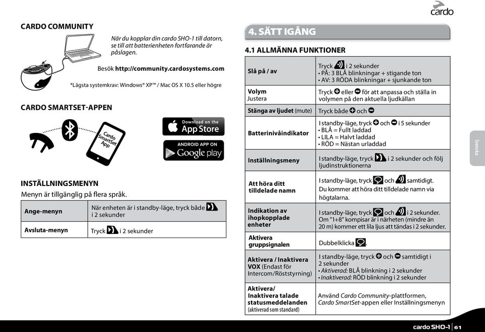5 eller högre Cardo SmartSet App Slå på / av Volym Justera Stänga av ljudet (mute) Tryck både och Batterinivåindikator Tryck i 2 sekunder PÅ: 3 BLÅ blinkningar + stigande ton AV: 3 RÖDA blinkningar +