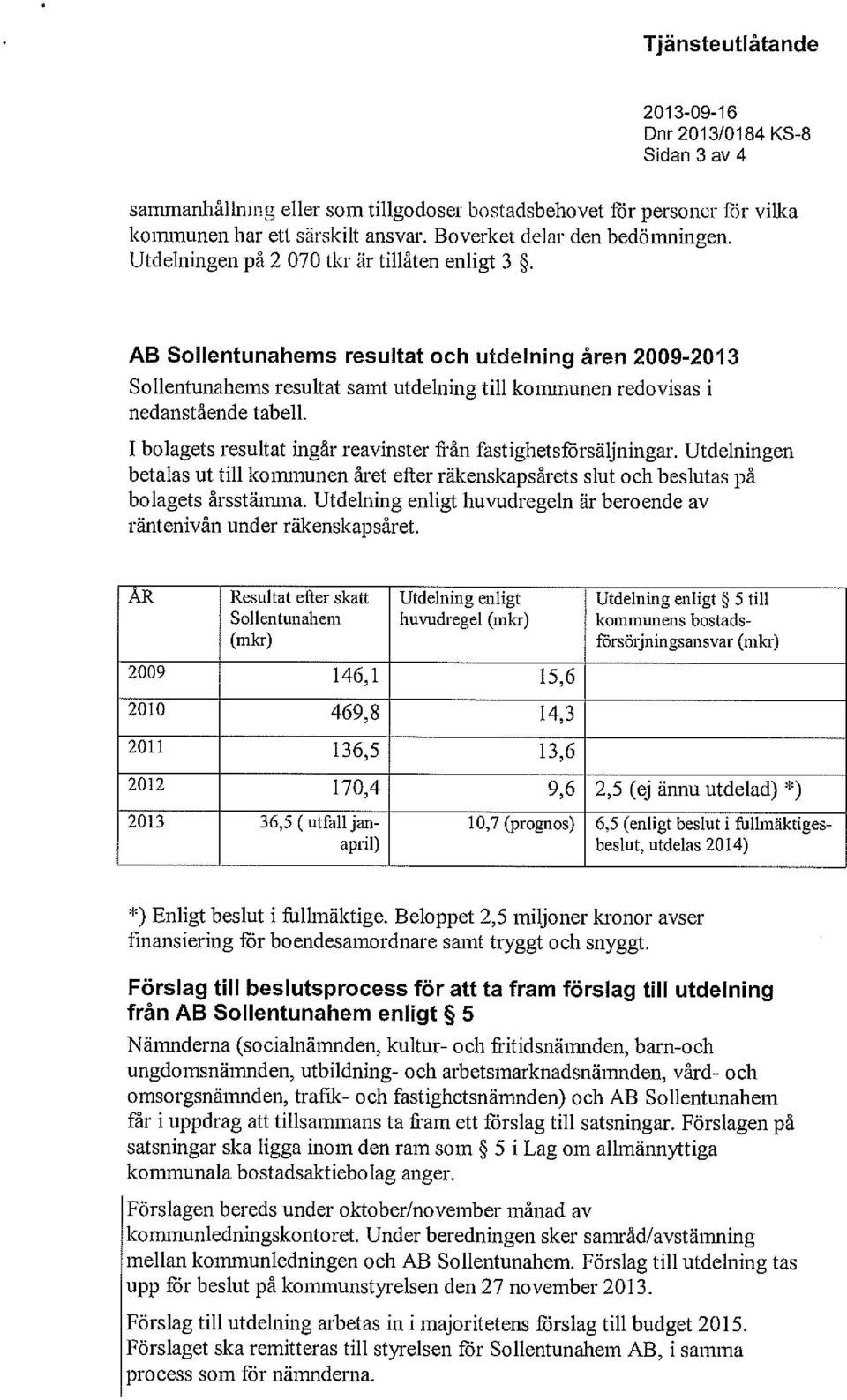 I bolagets resultat ingår reavinster från fastighetsförs äljningar. Utdelningen betalas ut till kommunen året efter räkenskap sårets slut och beslutas på bolagets årsstämma.