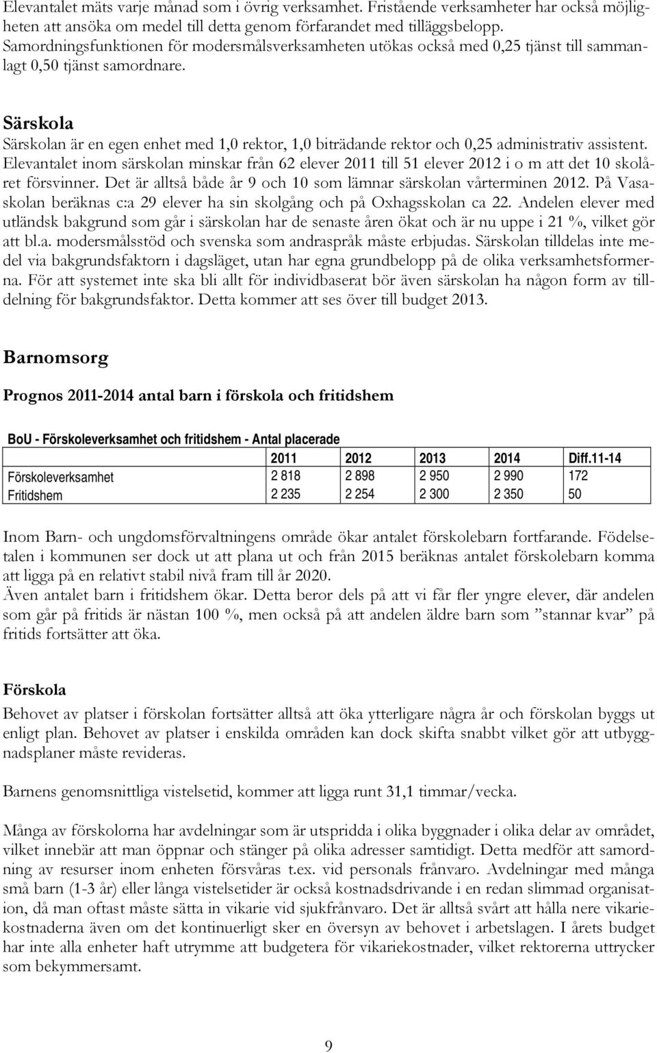 Särskola Särskolan är en egen enhet med 1,0 rektor, 1,0 biträdande rektor och 0,25 administrativ assistent.