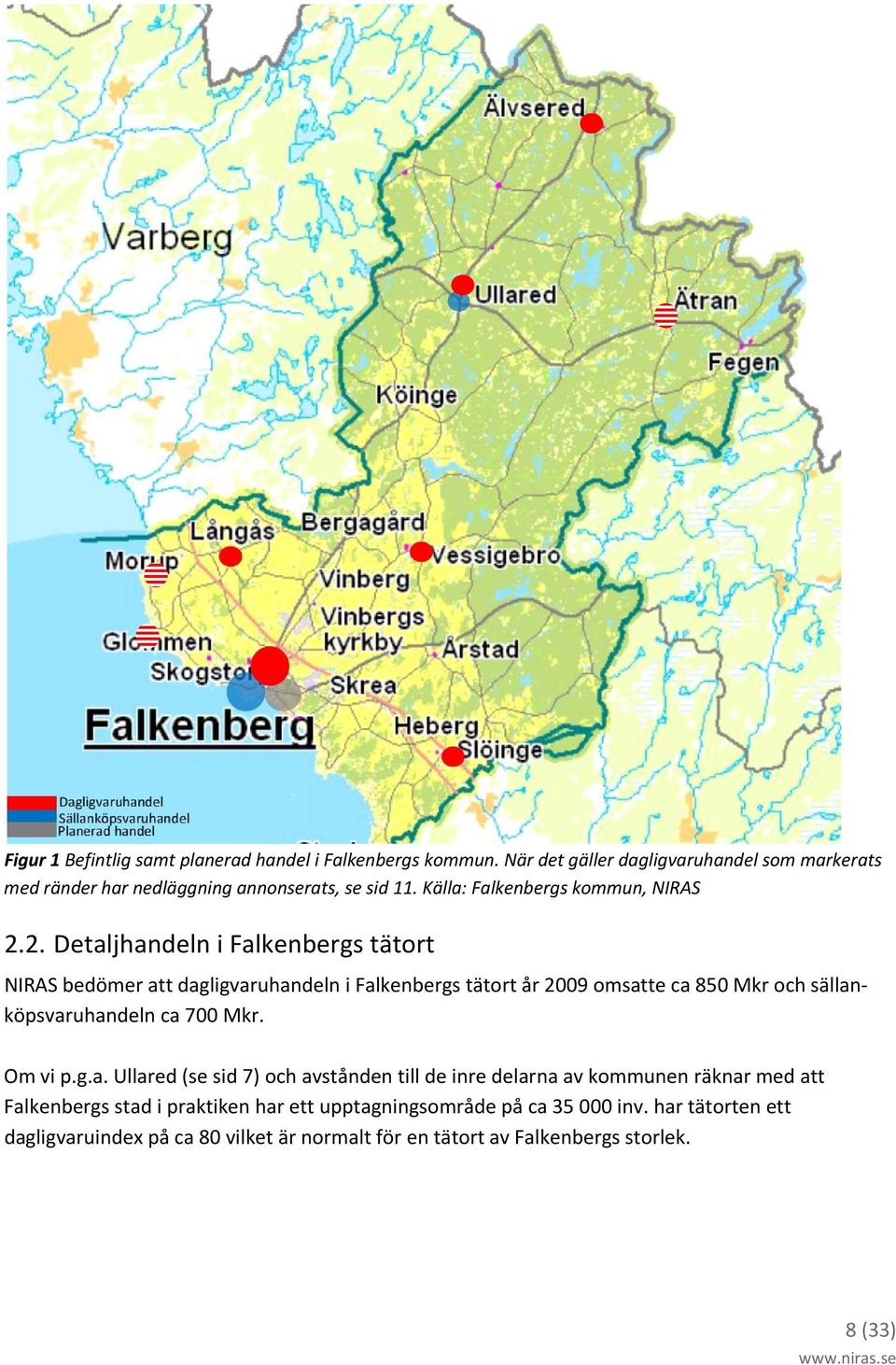 2. Detaljhandeln i Falkenbergs tätort NIRAS bedömer att dagligvaruhandeln i Falkenbergs tätort år 2009 omsatte ca 850 Mkr och sällanköpsvaruhandeln ca 700