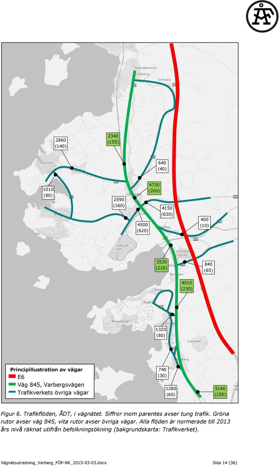 Trafikflöden, ÅDT, i vägnätet. Siffror inom parentes avser tung trafik. Gröna rutor avser väg 845, vita rutor avser övriga vägar.