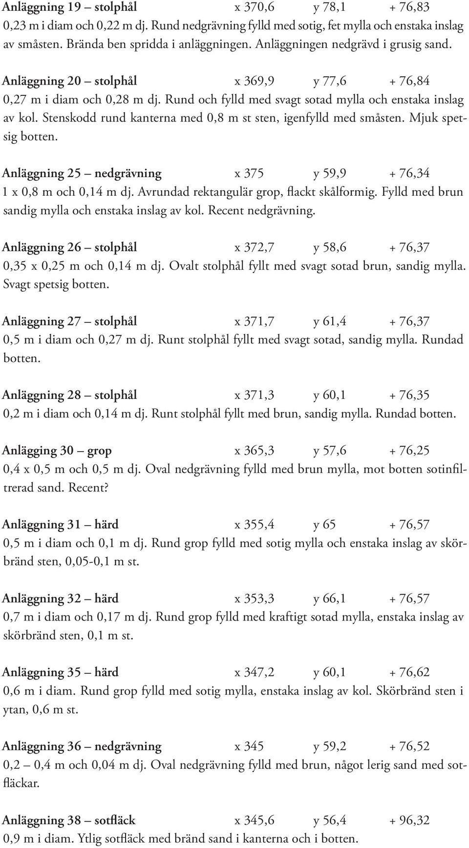 Stenskodd rund kanterna med 0,8 m st sten, igenfylld med småsten. Mjuk spetsig botten. Anläggning 25 nedgrävning x 375 y 59,9 + 76,34 1 x 0,8 m och 0,14 m dj.