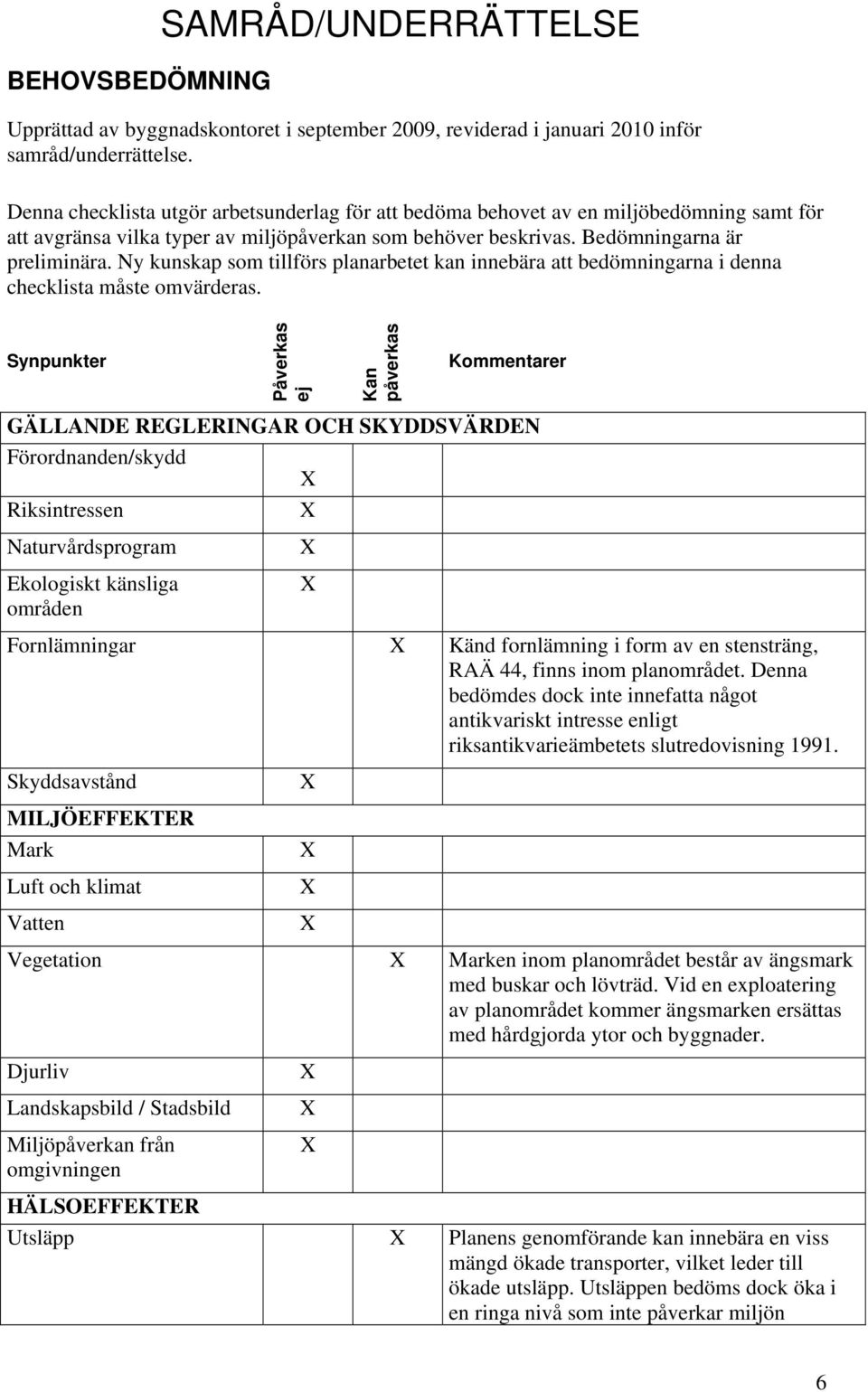 Ny kunskap som tillförs planarbetet kan innebära att bedömningarna i denna checklista måste omvärderas.