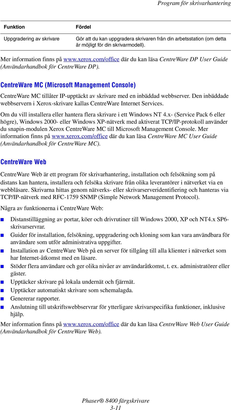 CentreWare MC (Microsoft Management Console) CentreWare MC tillåter IP-upptäckt av skrivare med en inbäddad webbserver. Den inbäddade webbservern i Xerox-skrivare kallas CentreWare Internet Services.