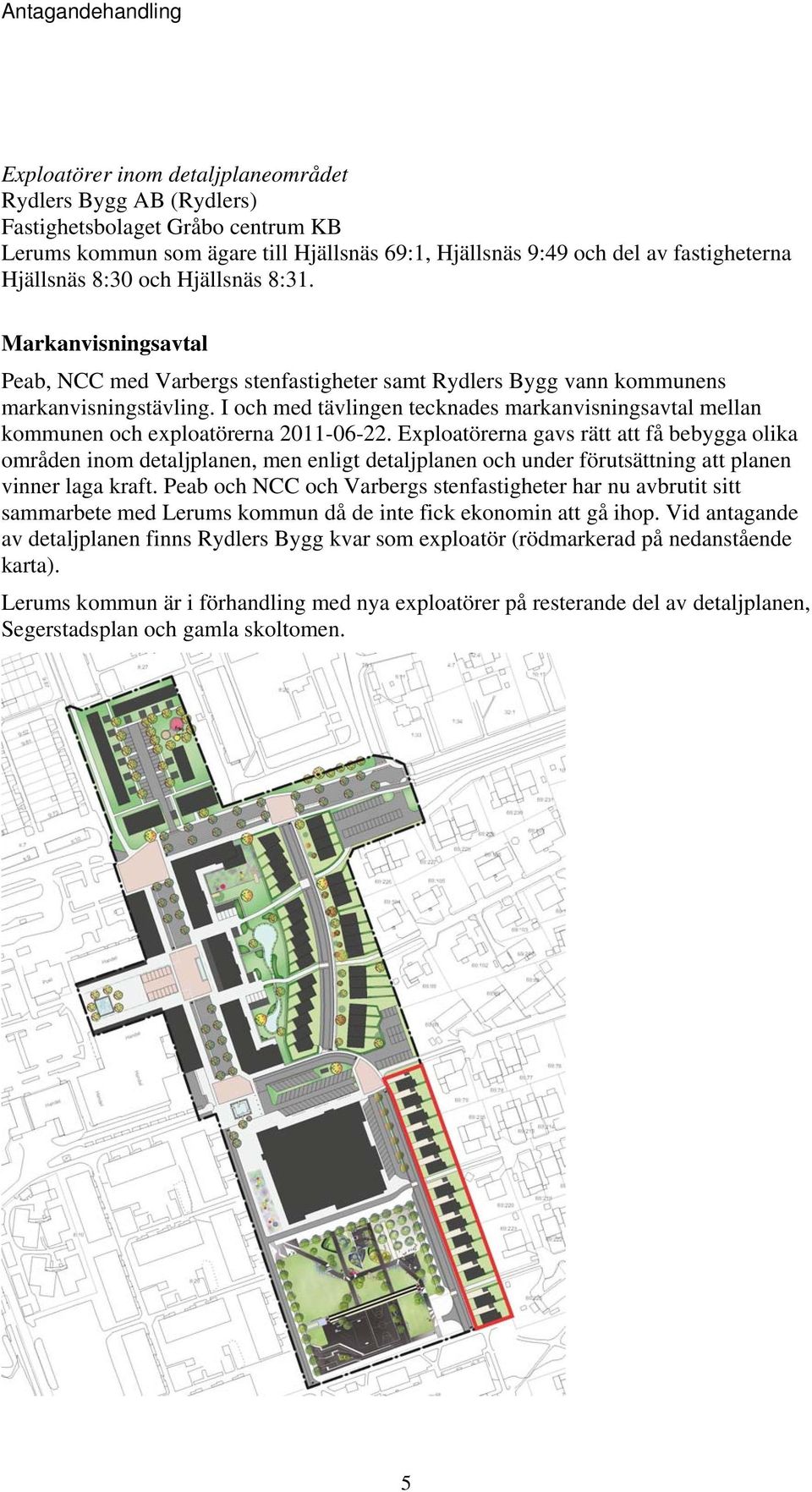 I och med tävlingen tecknades markanvisningsavtal mellan kommunen och exploatörerna 2011-06-22.