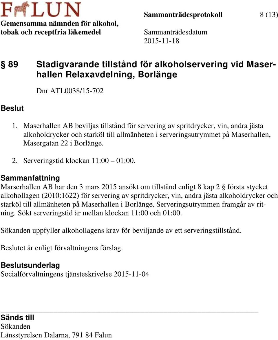 i Borlänge. 2. Serveringstid klockan 11:00 01:00.