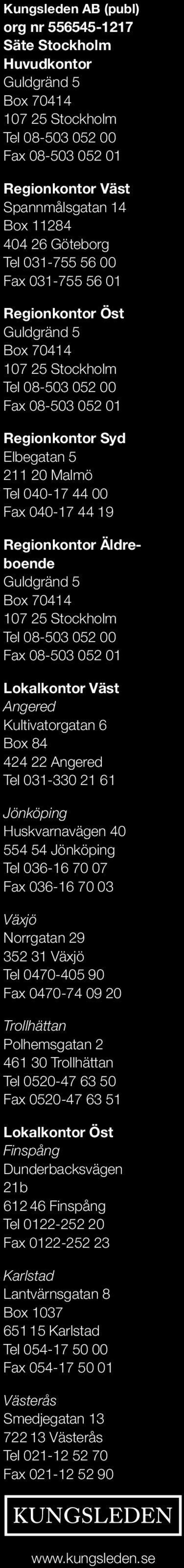 040-17 44 19 Regionkontor Äldreboende Guldgränd 5 Box 70414 107 25 Stockholm Tel 08-503 052 00 Fax 08-503 052 01 Lokalkontor Väst Angered Kultivatorgatan 6 Box 84 424 22 Angered Tel 031-330 21 61