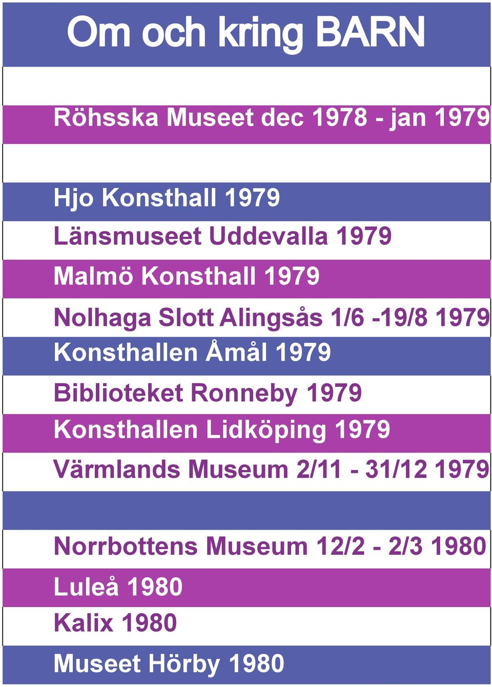 Biblioteket Ronneby 1979 Konsthallen Lidköping 1979 Värmlands Museum 2/11-31/12