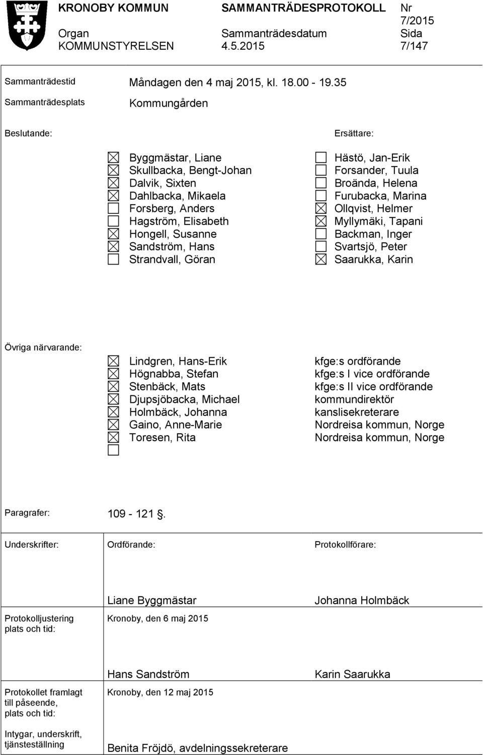 Hans Strandvall, Göran Hästö, Jan-Erik Forsander, Tuula Broända, Helena Furubacka, Marina Ollqvist, Helmer Myllymäki, Tapani Backman, Inger Svartsjö, Peter Saarukka, Karin Övriga närvarande: