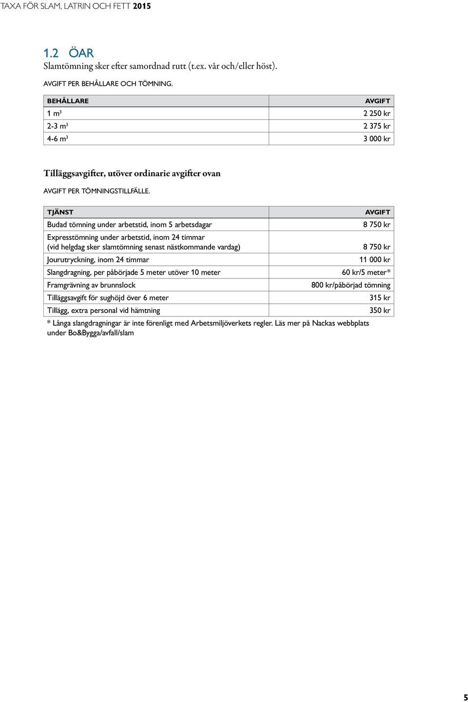 Tjänst Budad tömning under arbetstid, inom 5 arbetsdagar 8 750 kr Expresstömning under arbetstid, inom 24 timmar (vid helgdag sker slamtömning senast nästkommande vardag) 8 750 kr Jourutryckning,