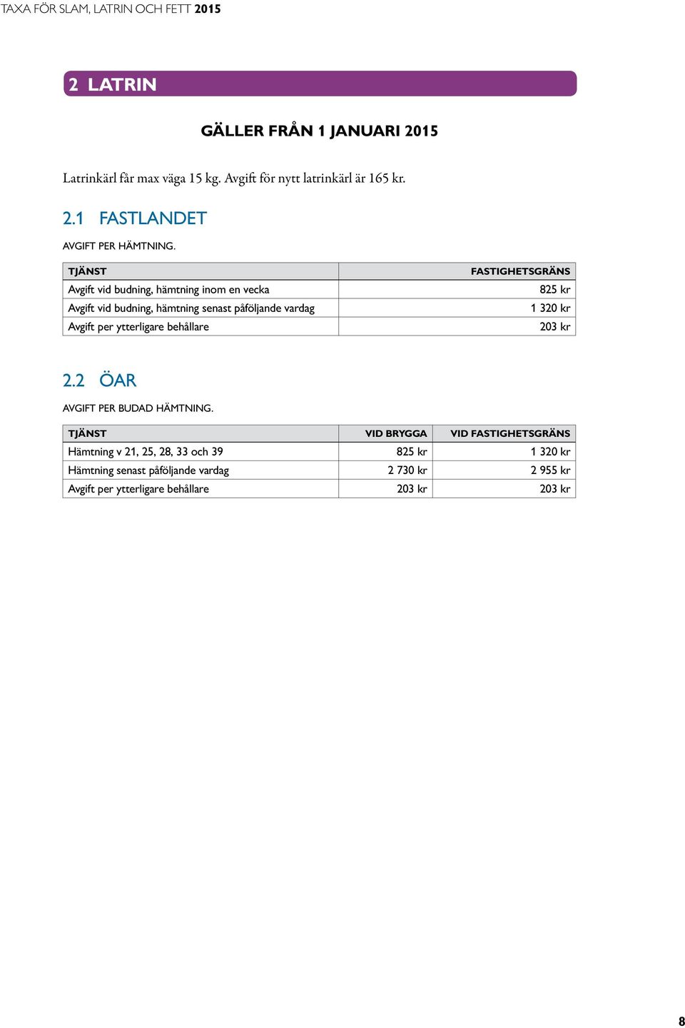 Fastighetsgräns 825 kr 1 320 kr 203 kr 2.2 Öar per budad hämtning.