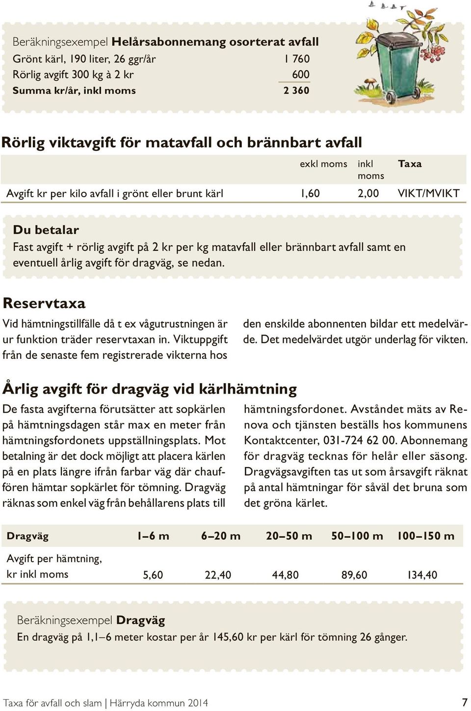 eventuell årlig avgift för dragväg, se nedan. Reservtaxa Vid hämtningstillfälle då t ex vågutrustningen är ur funktion träder reservtaxan in.