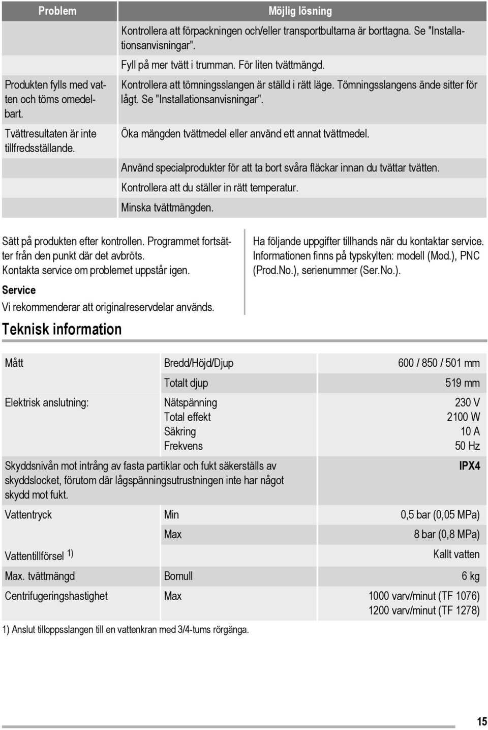 Se "Installationsanvisningar". Öka mängden tvättmedel eller använd ett annat tvättmedel. Använd specialprodukter för att ta bort svåra fläckar innan du tvättar tvätten.