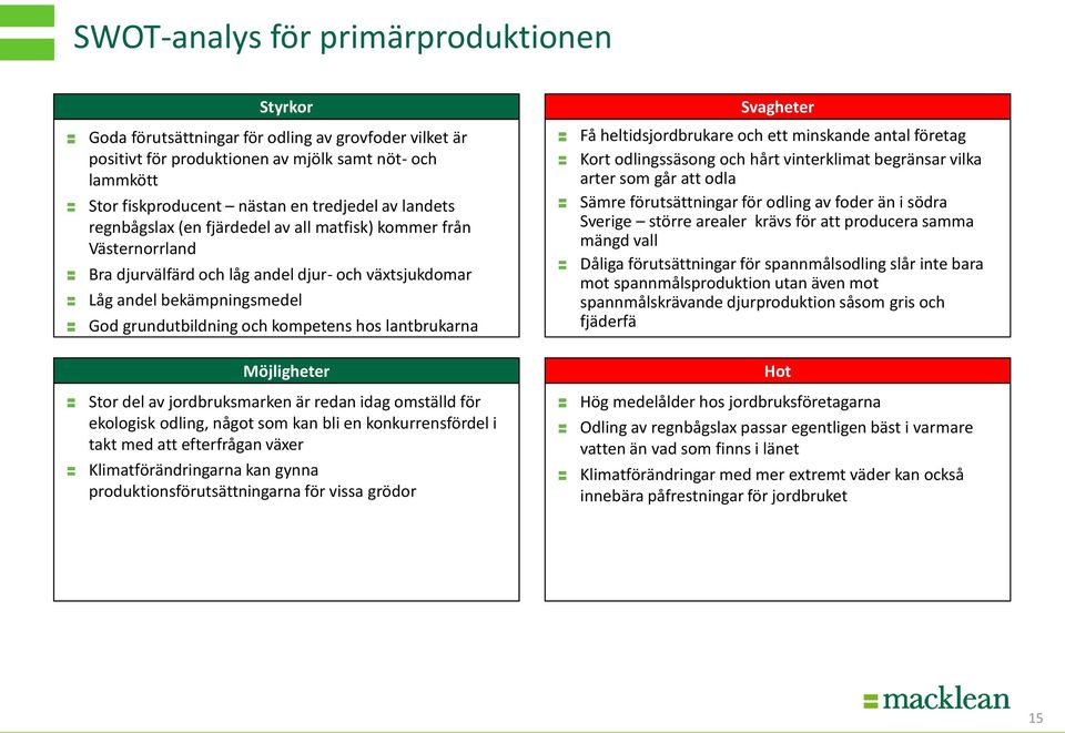 lantbrukarna Möjligheter Stor del av jordbruksmarken är redan idag omställd för ekologisk odling, något som kan bli en konkurrensfördel i takt med att efterfrågan växer Klimatförändringarna kan gynna