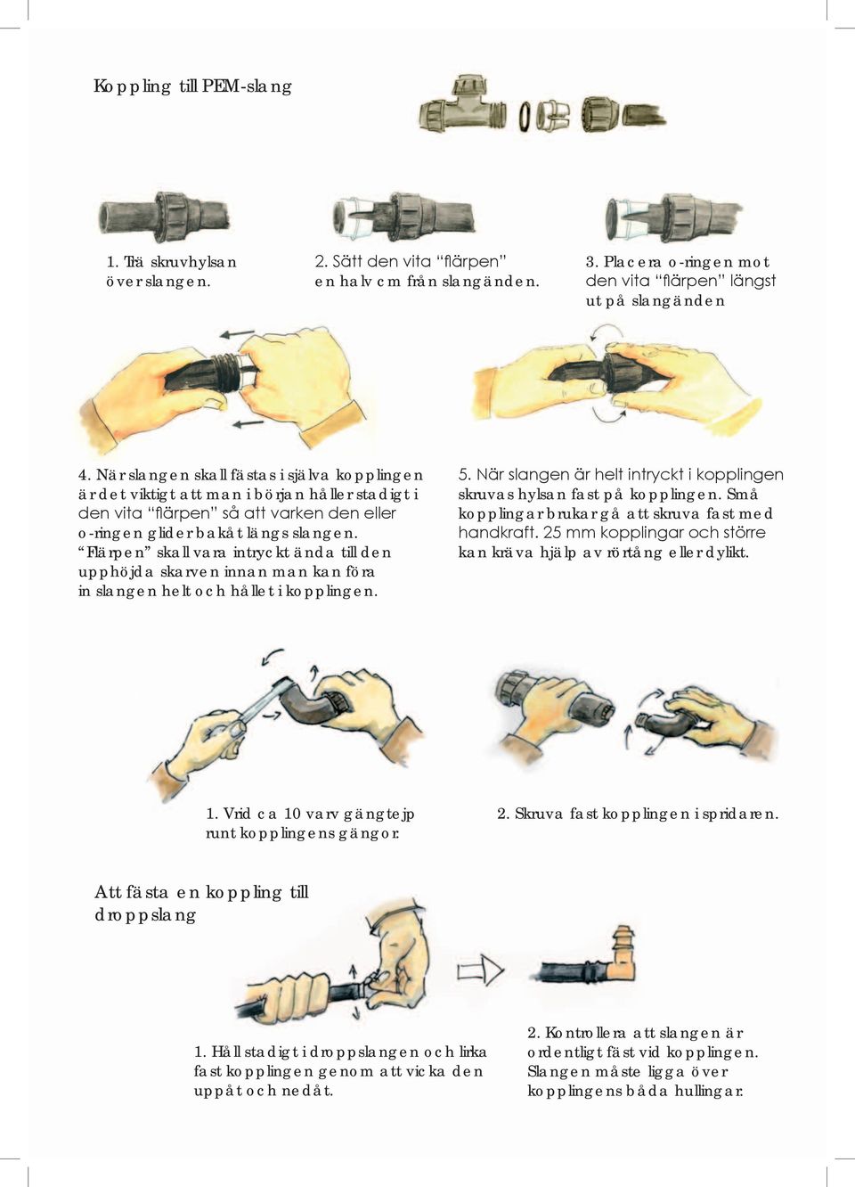 Flärpen skall vara intryckt ända till den upphöjda skarven innan man kan föra in slangen helt och hållet i kopplingen. 5. När slangen är helt intryckt i kopplingen skruvas hylsan fast på kopplingen.