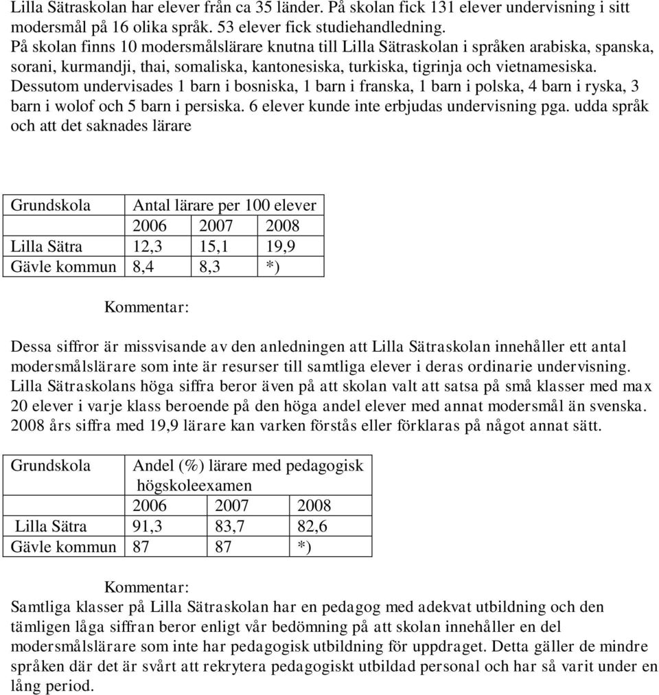 Dessutom undervisades 1 barn i bosniska, 1 barn i franska, 1 barn i polska, 4 barn i ryska, 3 barn i wolof och 5 barn i persiska. 6 elever kunde inte erbjudas undervisning pga.