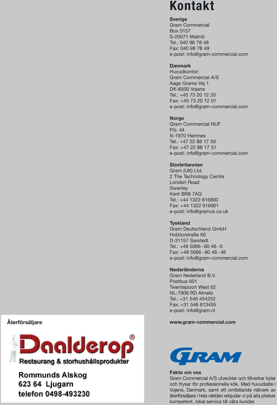 44 N-1970 Hemnes Tel.: +47 22 88 17 50 Fax: +47 22 88 17 51 e-post: info@gram-commercial.com Storbritannien Gram (UK) Ltd. 2 The Technology Centre London Road Swanley Kent BR8 7AG Tel.