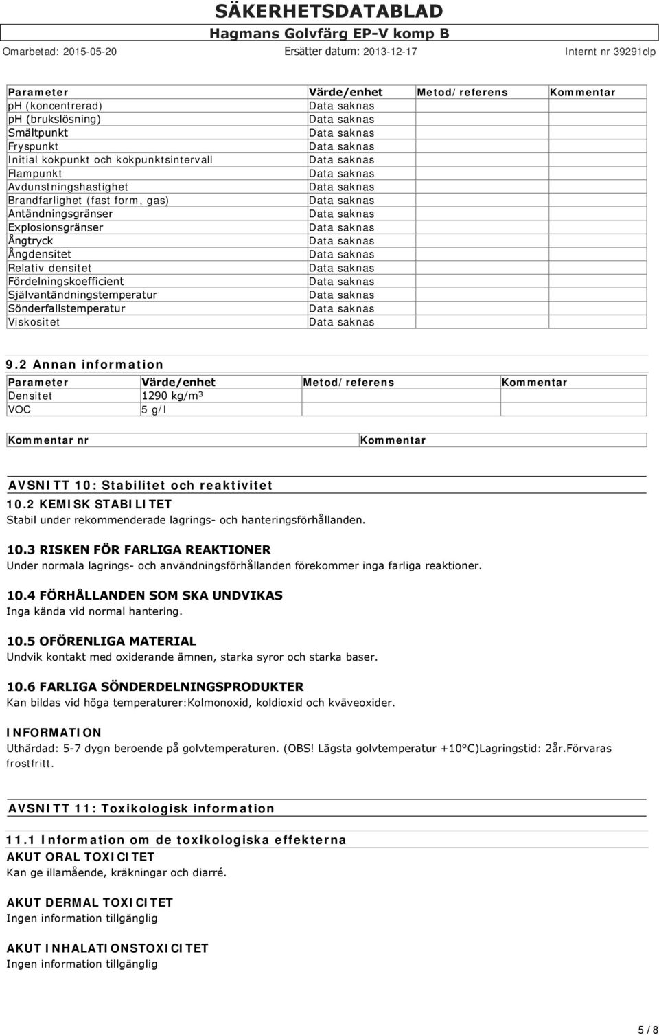 2 Annan information Parameter Värde/enhet Metod/referens Kommentar Densitet 1290 kg/m³ VOC 5 g/l Kommentar nr Kommentar AVSNITT 10: Stabilitet och reaktivitet 10.