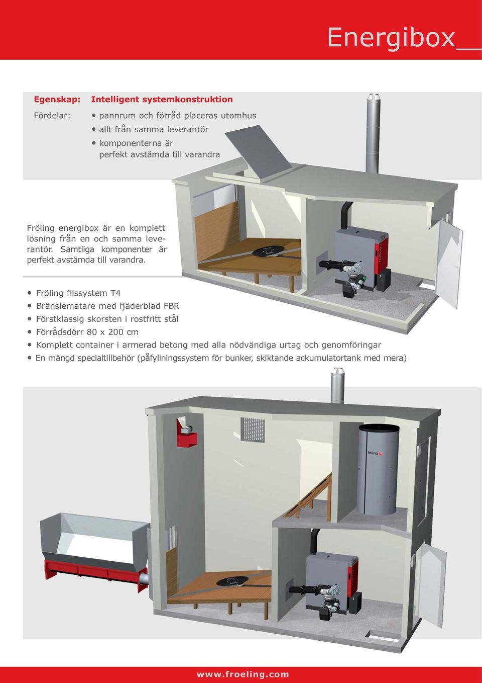 Fröling flissystem T4 Bränslematare med fjäderblad FBR Förstklassig skorsten i rostfritt stål Förrådsdörr 80 x 200 cm Komplett container i armerad