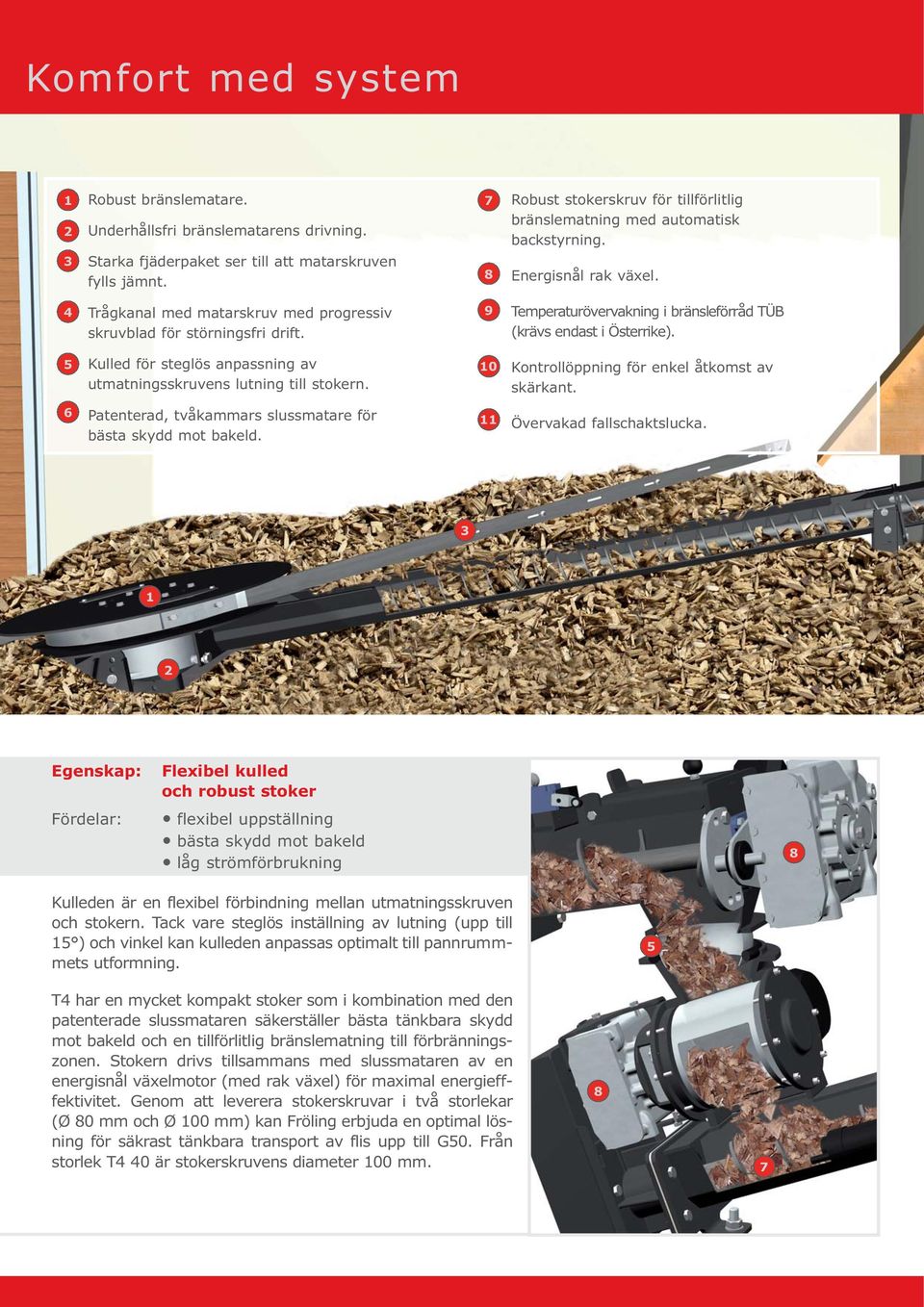 9 Temperaturövervakning i bränsleförråd TÜB (krävs endast i Österrike). 5 Kulled för steglös anpassning av utmatningsskruvens lutning till stokern. 10 Kontrollöppning för enkel åtkomst av skärkant.
