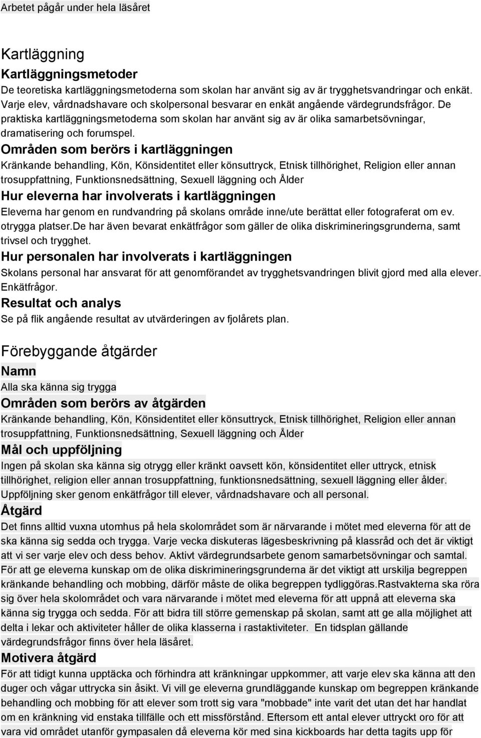 De praktiska kartläggningsmetoderna som skolan har använt sig av är olika samarbetsövningar, dramatisering och forumspel.