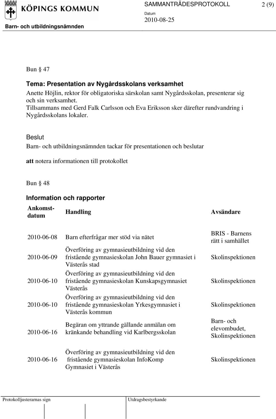 tackar för presentationen och beslutar att notera informationen till protokollet Bun 48 Information och rapporter Ankomst- Handling datum 2010-06-08 Barn efterfrågar mer stöd via nätet 2010-06-09