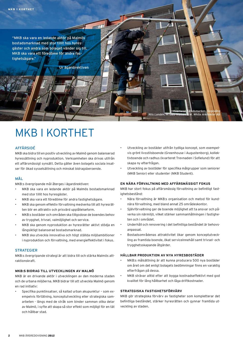 White Arkitekter AB MKB I KORTHET AFFÄRSIDÉ MKB ska bidra till en positiv utveckling av Malmö genom balanserad hyressättning och nyproduktion.