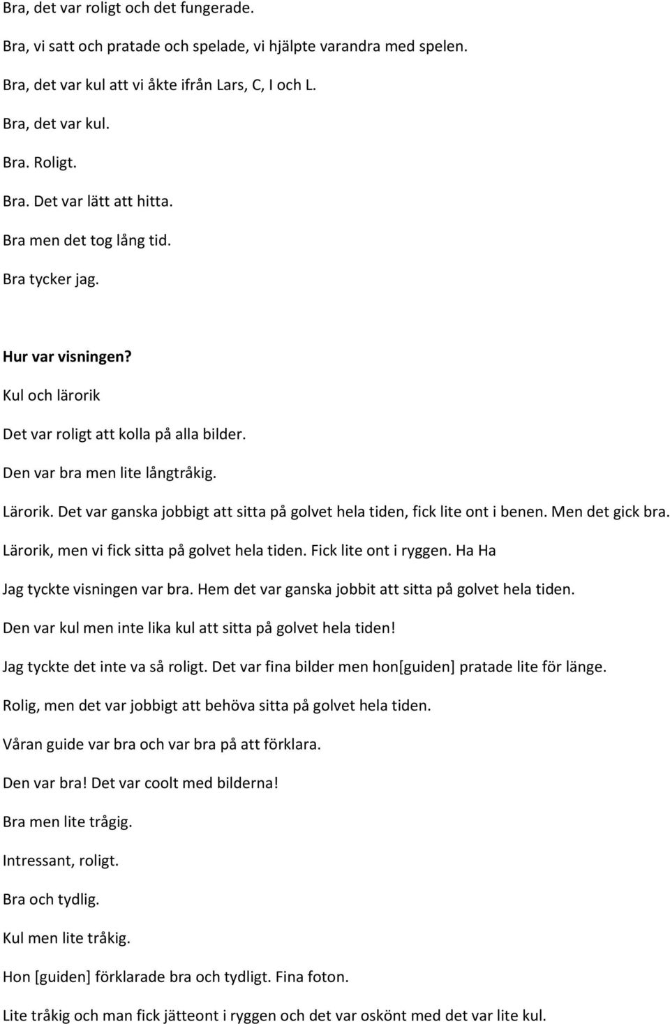 Det var ganska jobbigt att sitta på golvet hela tiden, fick lite ont i benen. Men det gick bra. Lärorik, men vi fick sitta på golvet hela tiden. Fick lite ont i ryggen.