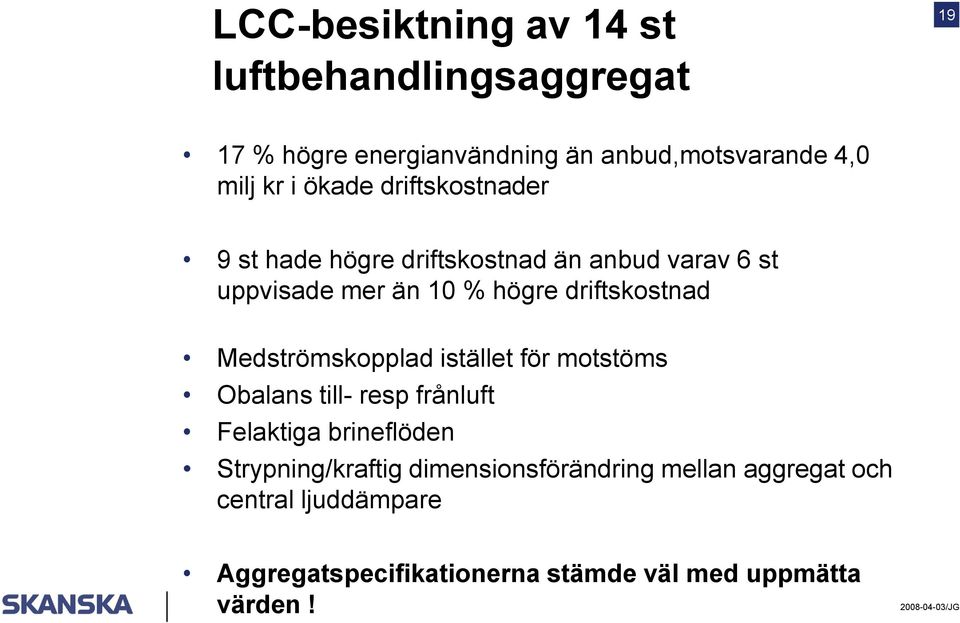 Medströmskopplad istället för motstöms Obalans till- resp frånluft Felaktiga brineflöden Strypning/kraftig