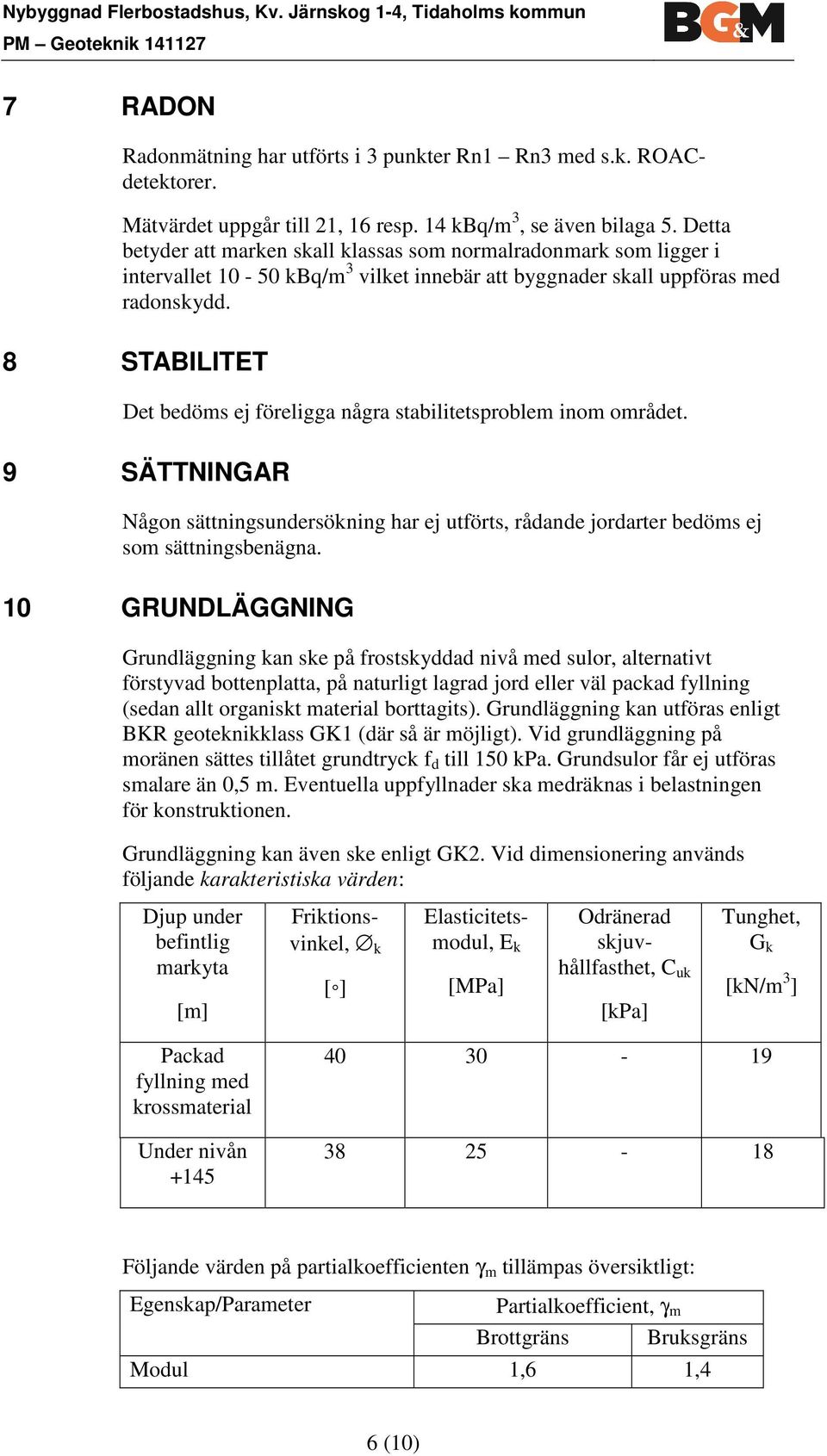 8 STABILITET Det bedöms ej föreligga några stabilitetsproblem inom området. 9 SÄTTNINGAR Någon sättningsundersökning har ej utförts, rådande jordarter bedöms ej som sättningsbenägna.