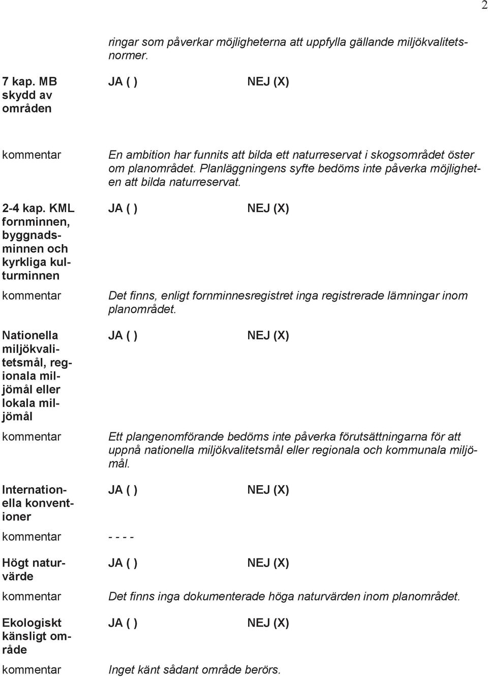 öster om planområdet. Planläggningens syfte bedöms inte påverka möjligheten att bilda naturreservat. Det finns, enligt fornminnesregistret inga registrerade lämningar inom planområdet.