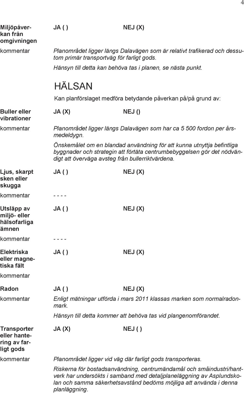 HÄLSAN Kan planförslaget medföra betydande påverkan på/på grund av: Buller eller vibrationer JA (X) NEJ () Planområdet ligger längs Dalavägen som har ca 5 500 fordon per årsmedeldygn.