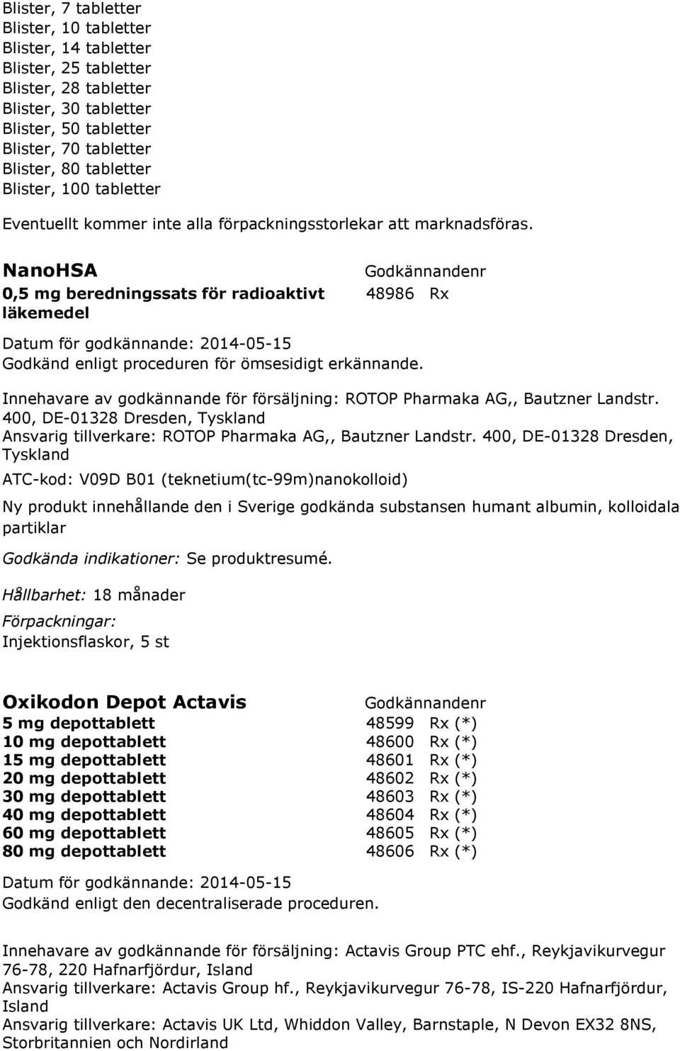 400, DE-01328 Dresden, Tyskland Ansvarig tillverkare: ROTOP Pharmaka AG,, Bautzner Landstr.