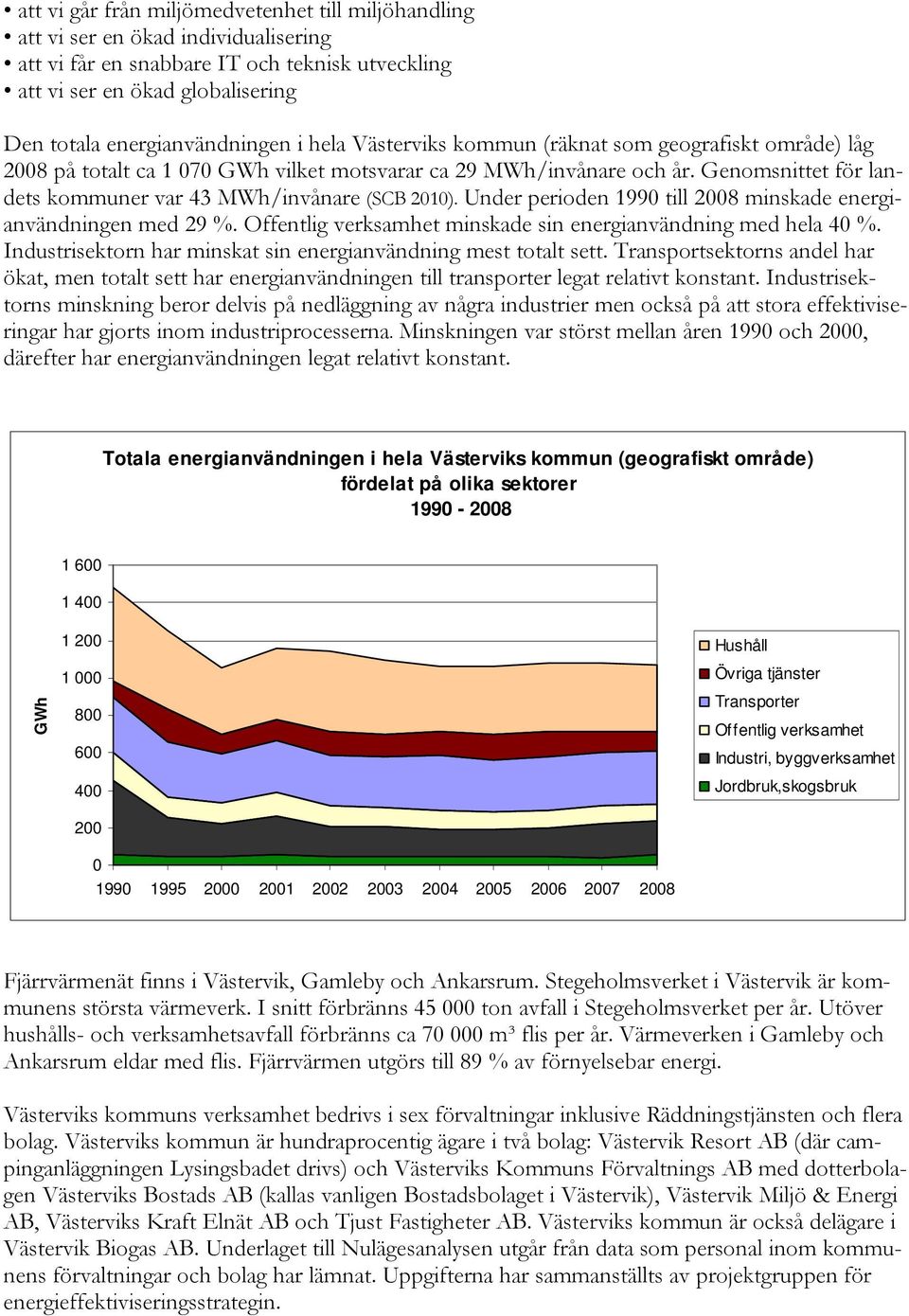 Genomsnittet för landets kommuner var 43 MWh/invånare (SCB 2010). Under perioden 1990 till 2008 minskade energianvändningen med 29 %. Offentlig verksamhet minskade sin energianvändning med hela 40 %.