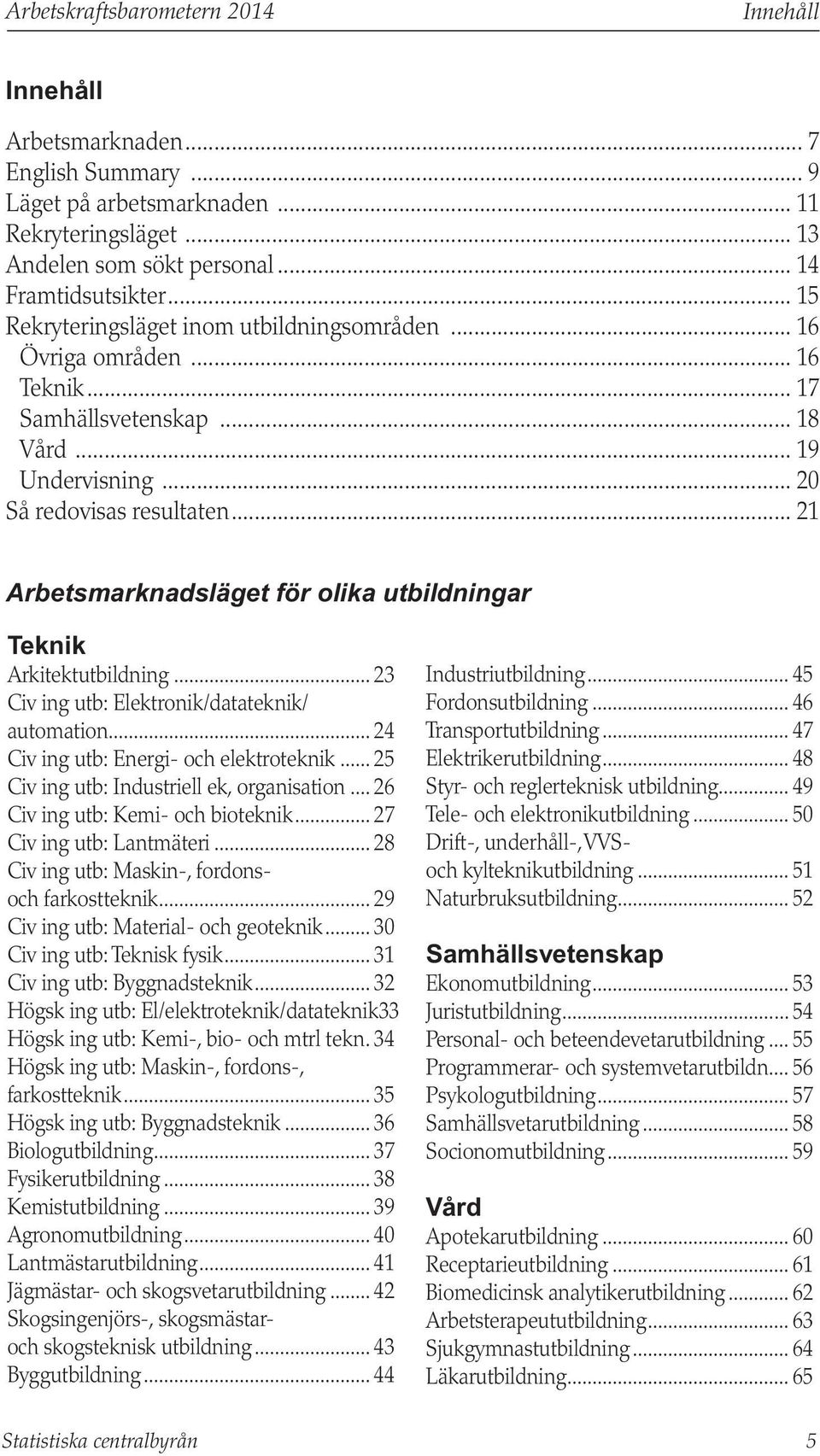 .. 21 Arbetsmarknadsläget för olika utbildningar Teknik Arkitektutbildning... 23 Civ ing utb: Elektronik/datateknik/ automation... 24 Civ ing utb: Energi- och elektroteknik.