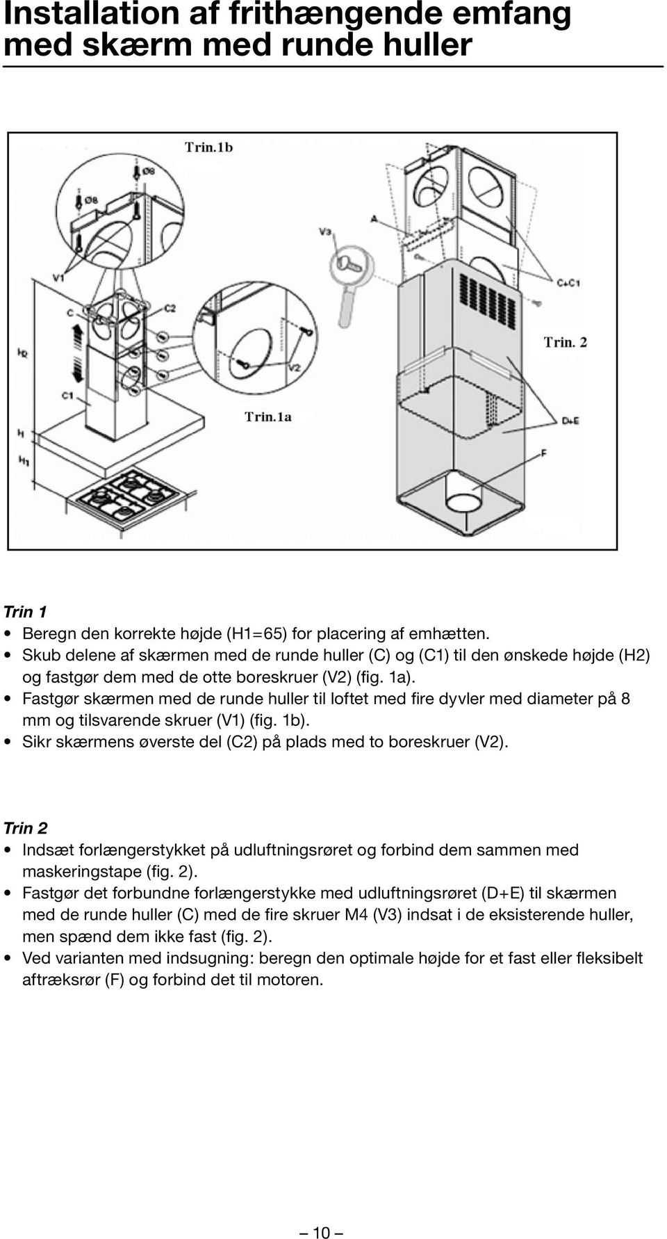 Fastgør skærmen med de runde huller til loftet med fire dyvler med diameter på 8 mm og tilsvarende skruer (V1) (fig. 1b). Sikr skærmens øverste del (C2) på plads med to boreskruer (V2).