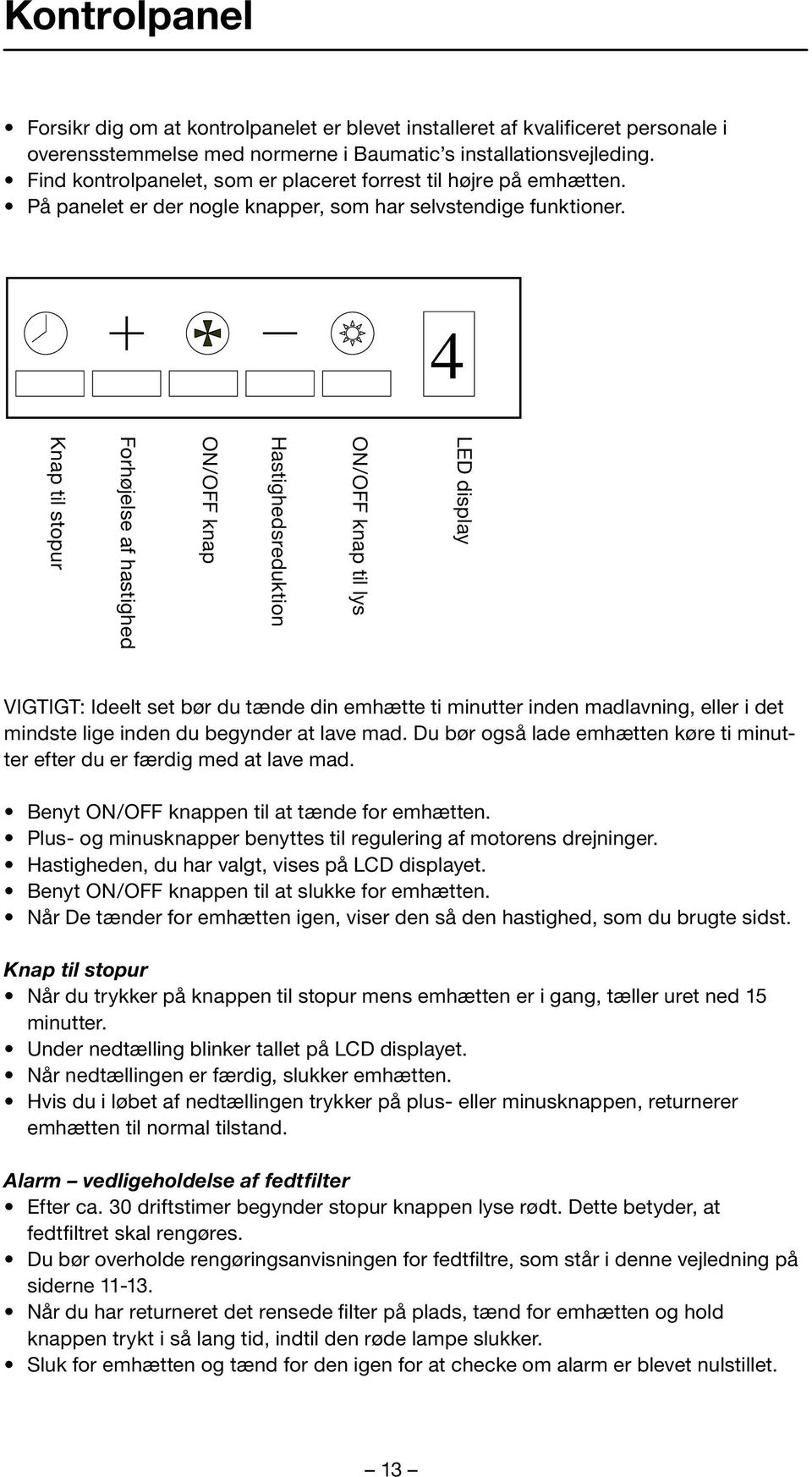 4 LED display ON/OFF knap til lys Hastighedsreduktion ON/OFF knap Forhøjelse af hastighed Knap til stopur VIGTIGT: Ideelt set bør du tænde din emhætte ti minutter inden madlavning, eller i det