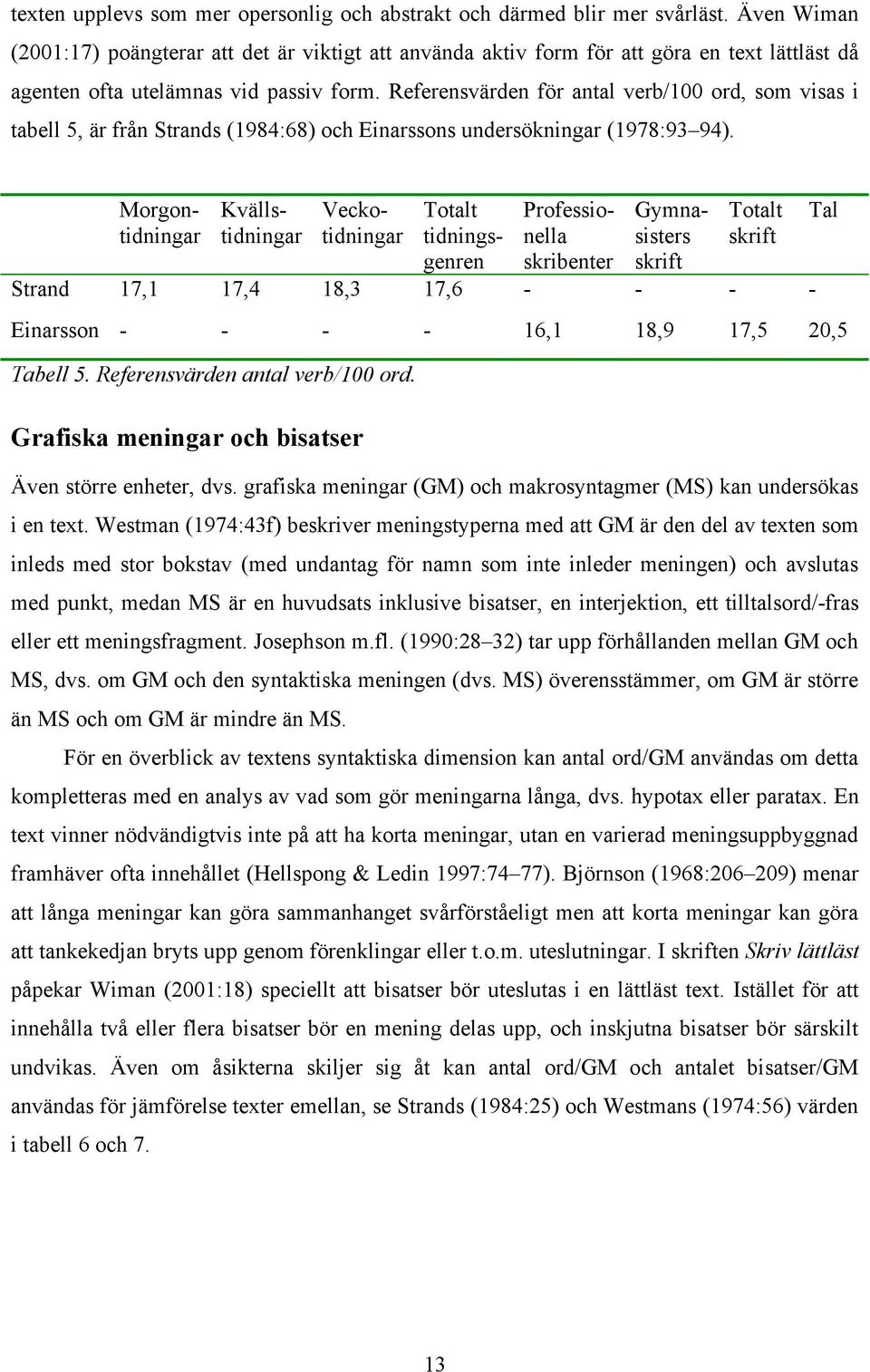 Referensvärden för antal verb/100 ord, som visas i tabell 5, är från Strands (1984:68) och Einarssons undersökningar (1978:93 94).