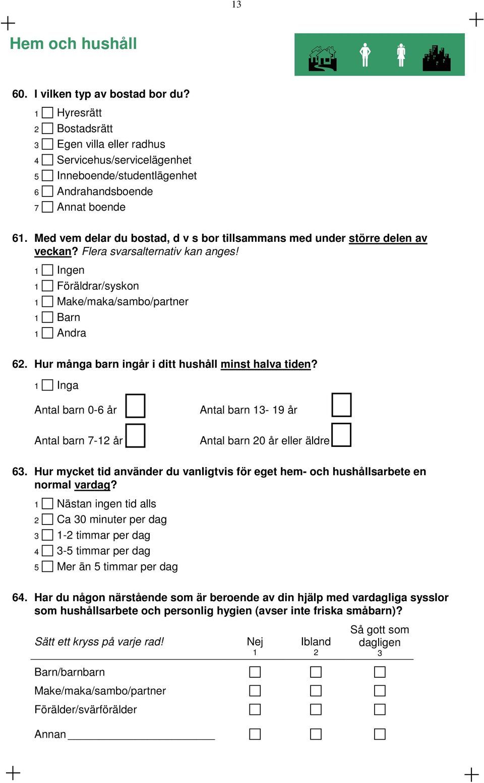 Med vem delar du bostad, d v s bor tillsammans med under större delen av veckan? Flera svarsalternativ kan anges! 1 Ingen 1 Föräldrar/syskon 1 Make/maka/sambo/partner 1 Barn 1 Andra 62.